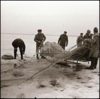 cca 1969 Balatoni halászok, jég alatti húzóháló előkészítése, 7 db vintage NEGATÍV Zsigri Oszkár (1933-?) budapesti fotóművész hagyatékából, 6x6 cm és 6x3,5 cm