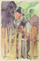 Ducsay Béla (1893-1967): Öreg a kerítésnél (Borszék, 1943). Akvarell, merített papír. Jelzett, hátoldalán pecséttel: Ducsay Béla festőművész hagyatéka, 48x31 cm