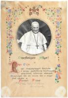 cca 1959 Apostoli áldást kérő oklevél, Szent XXIII. János (1881-1963) pápa (1958-1963 között) részére, a prügyi egyházközség fennállásának 75. évfordulója alkalmából. Díszes, kézzel festett pauszpapír. Alján vatikáni bejegyzéssel, aláírással, szárazpecséttel. Hátoldalán pecséttel jelzett, kisebb sérülésekkel, foltokkal, 42x29 cm