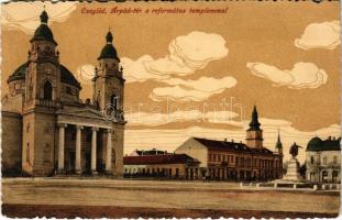1916 Cegléd, Árpád tér, Református templom, üzletek. Sebők Béla kiadása (ázott sarkak / wet corners)