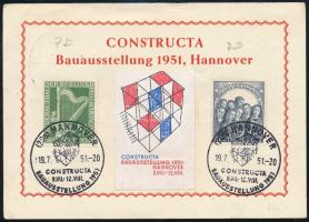 NSZK 1951 Levelezőlap a hannoveri Constructa épitőipari kiállításról Berlini Filharmónia bélyegekkel és alkalmi bélyegzéssel