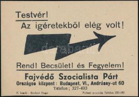 1937 Testvér! Az ígéretekből elég volt! A Fajvédő Szocialista Párt röplapja, 10x8 cm