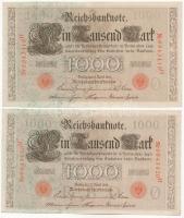Német Birodalom 1910. 1000M (2x) sorszámkövetők, piros pecséttel, hétjegyű sorszámmal T:I-,II German Empire 1910. 1000 Mark (2x) with sequential serials, with red seal, 7 digit serial C:AU,XF Krause#44b