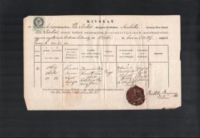 1877 Kisvárda, anyakönyvi kivonat, 50 kr. okmánybélyeggel, töredezett viaszpecséttel, hajtásnyomokkal, kissé foltos, lap széle kissé sérült