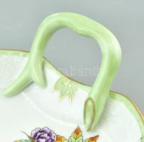 Herendi Viktória mintás levél formájú kínáló tál. Kézzel festett, jelzett, kopásnyomokkal 21x17 cm