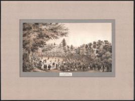 cca 1850-1900 2 db mexikói témájú metszet: El calvario en San Augustin de las Cuevas és SanAngel, Plaza de San Jacinto. Litográfia, papír, paszpartuban, 14×26,5 cm