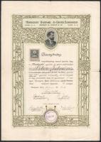 cca 1909 Markovits gyorsíró- és gépíró szakiskola díszes szecessziós bizonyítványa, 30 fillér okmánybélyeggel, Pátria nyomda Bp., hajtásnyomokkal, szakadásokkal, 37×26 cm