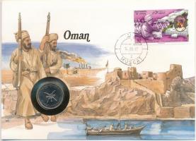 Omán 1987. 50b érmés borítékban, bélyeggel és bélyegzéssel, német nyelvű ismertetővel T:1 Oman 1987 50 Baisa in coin envelope, with stamp and cancellation, with German description C:UNC