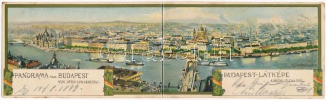 1899 Budapest, látkép a budai oldalról. Kinyitható szecessziós litho panorámalap / Art Nouveau litho folding panoramacard s: Rosenberger (Rb)