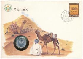 Mauritánia 1973. 1/5o érmés borítékban, bélyegzéses bélyeggel, német nyelvű leírással T:1-  Mauritania 1973. 1/5 Ouguiya in coin envelope with stamp and cancellation, with German description C:AU