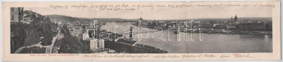 1902 Budapest I. Látkép a Királyi vártól. 3-részes kihajtható panorámalap / 3-tiled folding panoramacard (szakadás / tear)