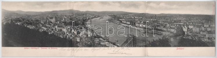 1902 Budapest I. Látkép a Gellérthegyről, Királyi vár, Tabán, építés alatt álló Erzsébet híd, Döbrentei tér. 3-részes kihajtható panorámalap / 3-tiled folding panoramacard (Rb)