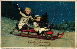 Boldog karácsonyi ünnepeket! szánkózó gyerekek / Christmas, children sledding. HWB Ser. 2311. litho (Rb)