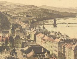 Zádor István (1882-1963): Budapest látképe, 1928. Színezett rézkarc, papír, jelzett. Dekoratív, sérü...