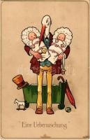 1929 Eine Ueberraschung / Üdvözlet gyermek születésre, gólya babákkal / Greeting for child birth, stork with babies. Meissner & Buch Künstler-Postkarten Serier 1853. Gevatter Storch litho