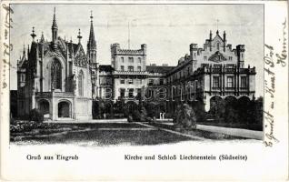 1908 Lednice, Lednice-Valtice, Feldsberg-Eisgrub, Eisgrub; Kirche und Schloß Liechtenstein (Südseite) / castle, church (EK)