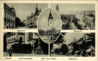 Losonc, Lucenec; Rákóczi út, Kubinyi tér, 48-as honvéd emlék, Római katolikus templom, üzletek. Filó Marcel kiadása / street view, square, Hungarian military monument, Catholic church, shops