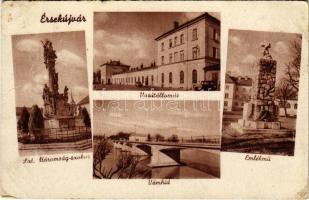 1944 Érsekújvár, Nové Zámky; vasútállomás, Szentháromság szobor, Vámhíd, emlékmű / railway station, Holy Trinity column, customs bridge, monument (EB)