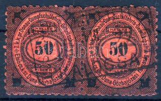 1913 DDSG Hajóraklevél díj DM felülnyomással, párban, piros papíron, Kalocsa bélyegzés (EUR 500)