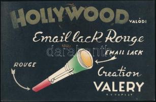 cca 1930-40 Hollywood valódi email lack rouge, Valery Budapest, plakátterv, litográfia, szórt festék, papír, jelzés nélkül, 16,5×25,5 cm.