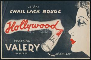 cca 1930-40 Hollywood valódi email lack rouge, Valery Budapest, plakátterv, litográfia, tempera, papír, jelzés nélkül, lapszéli hajtásnyommal, 17×27 cm.