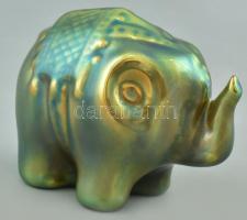 Zsolnay porcelán elefánt, eozin mázas, jelzés nélkül, apró mázrepedésekkel, 8,5x7 cm