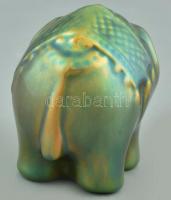 Zsolnay porcelán elefánt, eozin mázas, jelzés nélkül, apró mázrepedésekkel, 8,5x7 cm