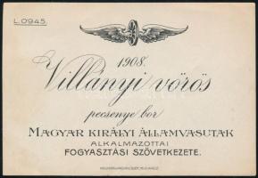 1908 Villányi vörös pecsenye bor, Magyar Királyi Államvasutak Alkalmazottai Fogyasztási Szövetkezete italcímke