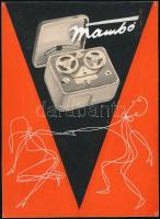 cca 1960 Mambó hordozható orsós magnó. Plakát- vagy reklámterv. Tempera, tus, papír, jelzés nélkül. Hátoldalán ragasztás nyomaival. 24x17 cm.