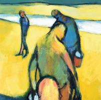 Kovács Tamás Vilmos (1951-): Életkép a folyóparton, 2000. Olaj, farost, jelzett. Fa keretben. 60×90 ...