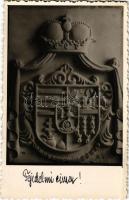 1942 Kassa, Kosice; Rákóczi szülőkastélyára készített fejedelmi címer domborműje / coat of arms relief of the castle. photo