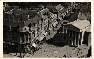1943 Szabadka, Subotica; látkép, színház, Farkas, Sibalits üzlete / general view, theatre, shops (szakadás / tear)