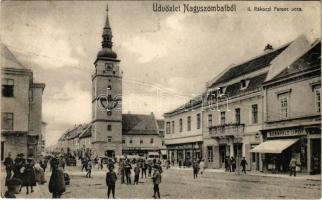 1908 Nagyszombat, Trnava; II. Rákóczi Ferenc utca, Bernfeld Lipót, Winter Zsigmond és Steinitz üzlete / street, shops (fa)