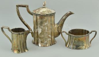 Ezüst (Ag) mokkás készlet porcelán betéttel, jelzett, nettó:983g, m: kanna 16cm, cukortartó 5cm, tej...