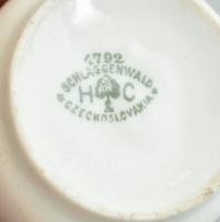 Ezüst (Ag) mokkás készlet porcelán betéttel, jelzett, nettó:983g, m: kanna 16cm, cukortartó 5cm, tej...