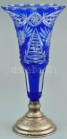 Ezüst (Ag) talpas kék ólomkristály váza, jelzett. m:21cm