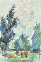Antal Irén (1903-1999): Erdei munka. Akvarell, papír, jelzett, 48×31 cm