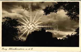 1938 Strekov, Schreckenstein; Burg / castle. NS Nazi propaganda with swastika + 1938 Befreiungstag So. Stpl