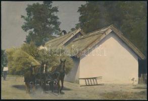 cca 1920 Szénásszekér, színezett fotó, 15,5×22 cm
