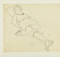 Belányi Viktor (1877-1955): Fekvő női alak. Ceruza, papír, jelzett, kissé foltos, paszpartuban, paszpartu és lap jobb széle vágott, 35×42 cm