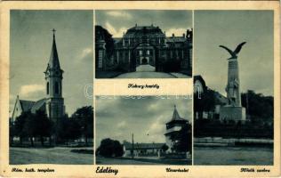 1938 Edelény, Koburg kastély, Római katolikus templom, Hősök szobra, emlékmű, utca, Országzászló (EK)