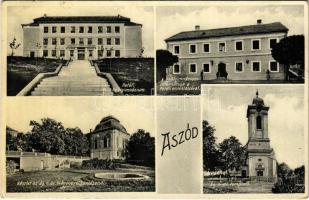1932 Aszód, Petőfi Reálgimnázium, a reálgimnázium internátusa a Petőfi emléktáblával, Evangélikus leánynevelő intézet, Evangélikus templom. Lőwy Andor kiadása (gyűrődés / crease)