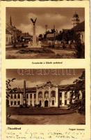 1942 Tiszafüred, utca, Hősök szobra, emlékmű, Polgári fiúiskola (ázott sarok / wet corner)