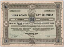 Csehszlovákia / Kassa 1935. "Kosicei Zsidó Hitelszövetkezet" névre szóló részvénye 100K-ról, kétnyelvű csehszlovák és magyar nyelven, szelvényekkel, bélyegzéssel T:II- / Czechoslovakia / Kosice 1935. "Kosicei Zsidó Hitelszövetkezet" share with bearer's name blingual czechslovakian and hungarian with coupons and overprint C:VF