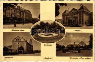1943 Szolnok, Hitelbank épülete, rendőr, Színház, Tisza szálló, park részlet irredenta virágággyal (EK)