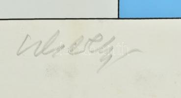 Victor Vasarely (1908-1997): Kompozíció kékszínben. Szitanyomat, papír, jelzett és számozott (77/90)...