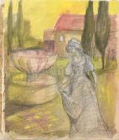 Gulácsy L jelzéssel: Kerti séta. Akvarell, ceruza, karton, bal szélén ragasztás nyomaival, foltos, hullámos, 38,5×33 cm