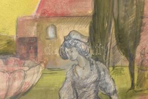 Gulácsy L jelzéssel: Kerti séta. Akvarell, ceruza, karton, bal szélén ragasztás nyomaival, foltos, h...