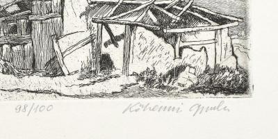 Kőhegyi Gyula (1933- ): Kunyhó. Rézkarc, papír, jelzett, számozott (98/100), 7,5×19 cm
