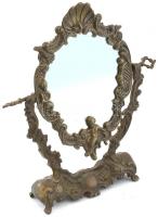 Neobarokk öntött, patinázott bronz tükör, puttókkal, barokk kagylóval díszítve, kopott, m:35cm
